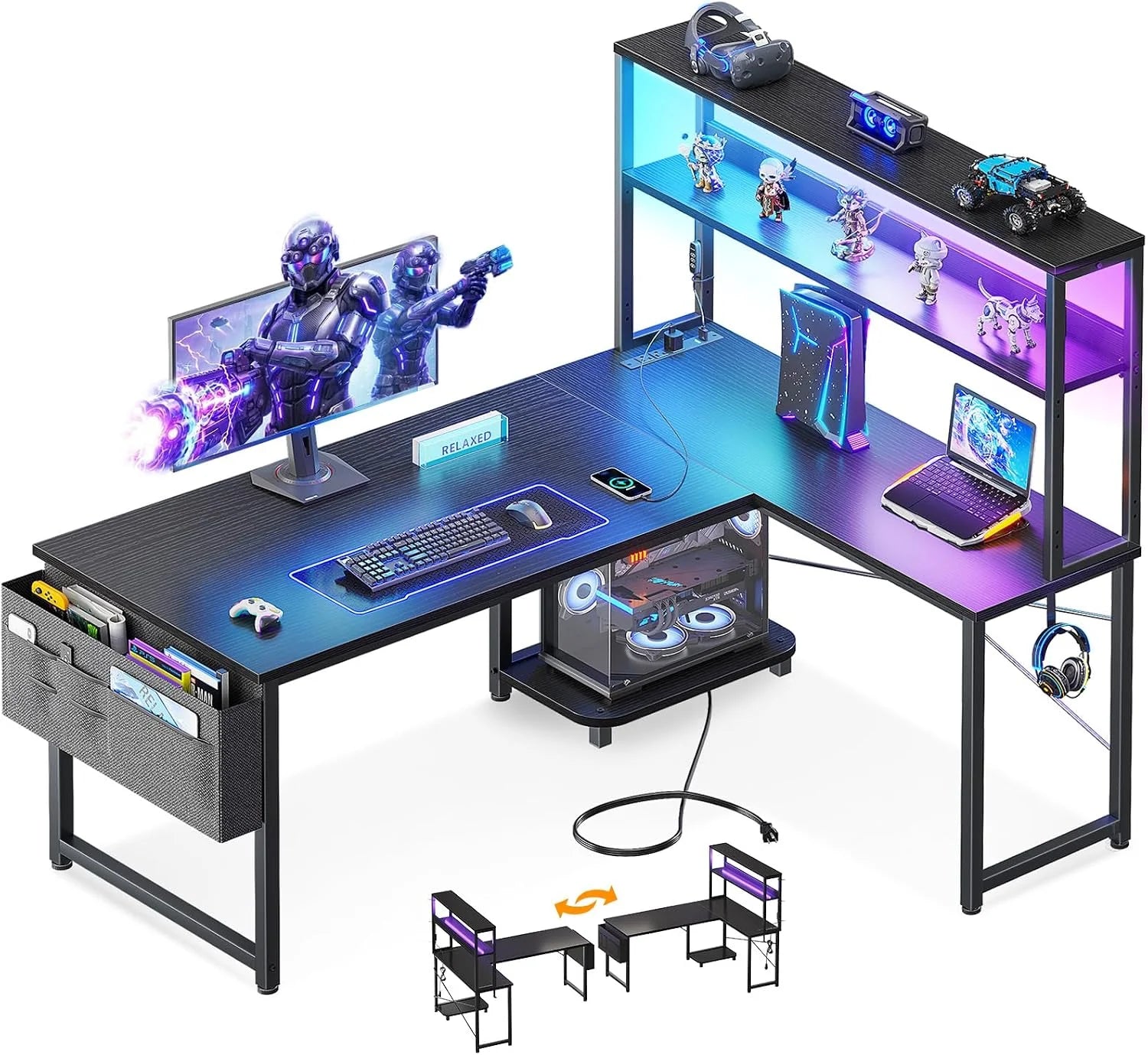 New Arrivals 53 L Shaped Gaming Desk with Shelves, LED & Outlets - Image 4