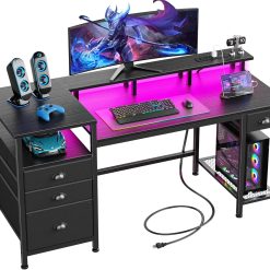 Furologee 60 Black Computer Desk with 4 Drawers and Printer Space, Gaming Desk with LED Lights and USB Power Outlets bifanuoyard