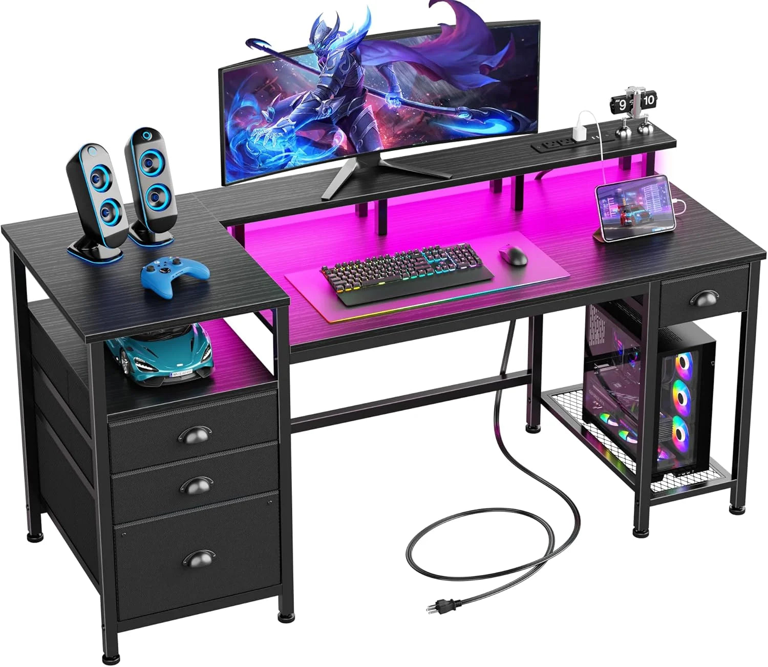 Furologee 60 Black Computer Desk with 4 Drawers and Printer Space, Gaming Desk with LED Lights and USB Power Outlets bifanuoyard