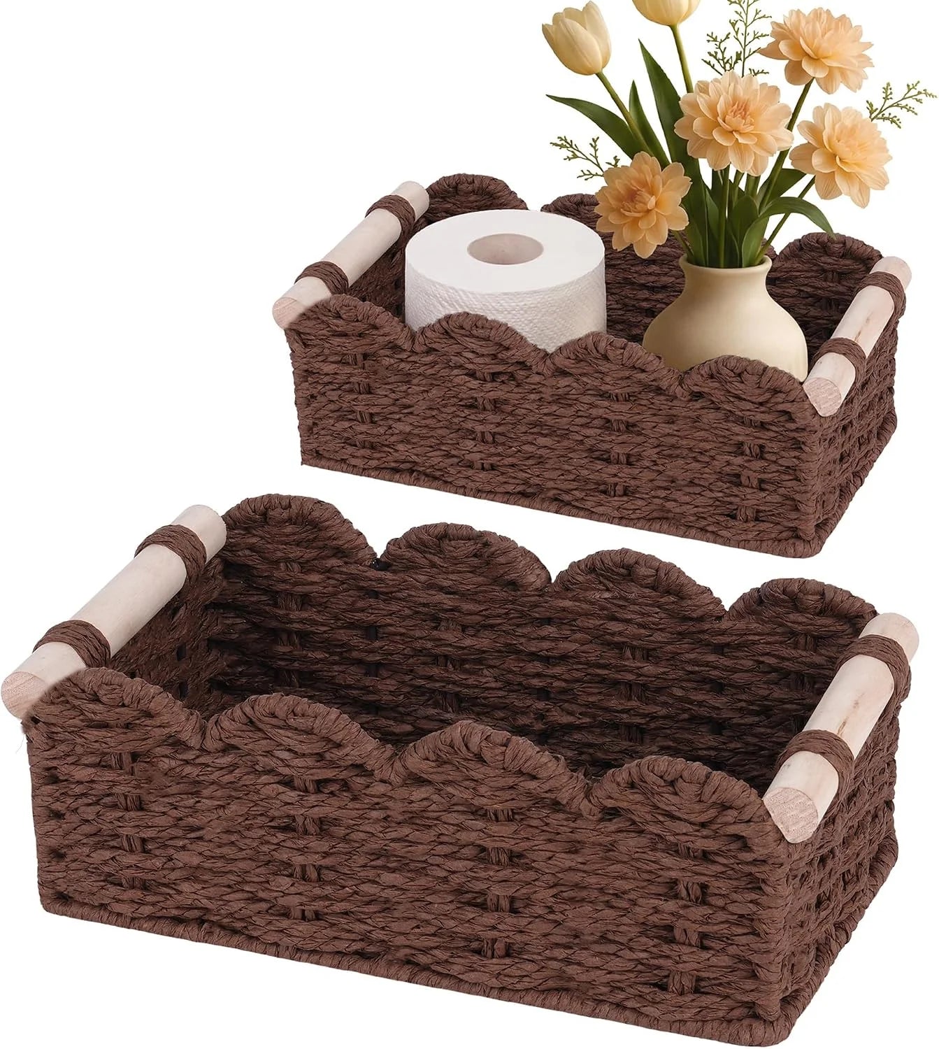 New Arrivals Storage Organizing Baskets, Set of 2 Scalloped Edge Wicker Basket with Wooden Handles Toilet Paper