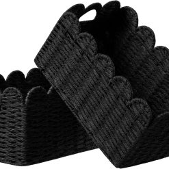 2 Pack Scalloped Edge Basket, Wicker Storage Baskets for Shelves, Hand-woven Rattan Baskets with Built-in Handles bifanuoyard