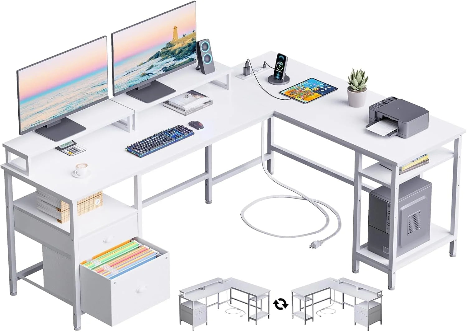 Furologee 66" L Shaped Desk with Power Outlet, Reversible Home Office Desk with File Drawer, 2 Monitor Stands bifanuoyard - Image 4