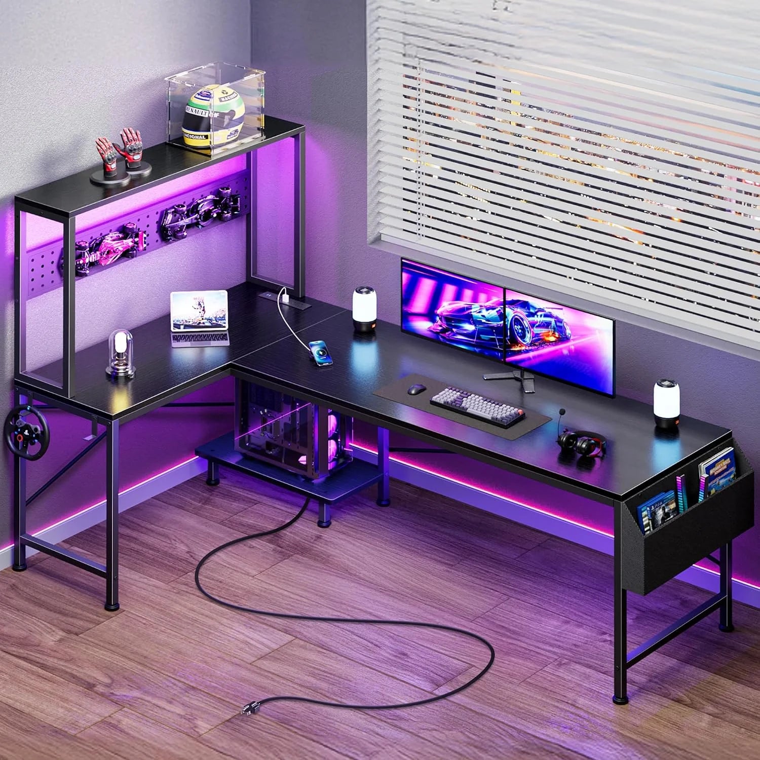 New Arrivals L Shaped Gaming Desk with LED Lights & Power Outlets, Reversible Computer Desk with Storage Shelves & Bag - Image 5
