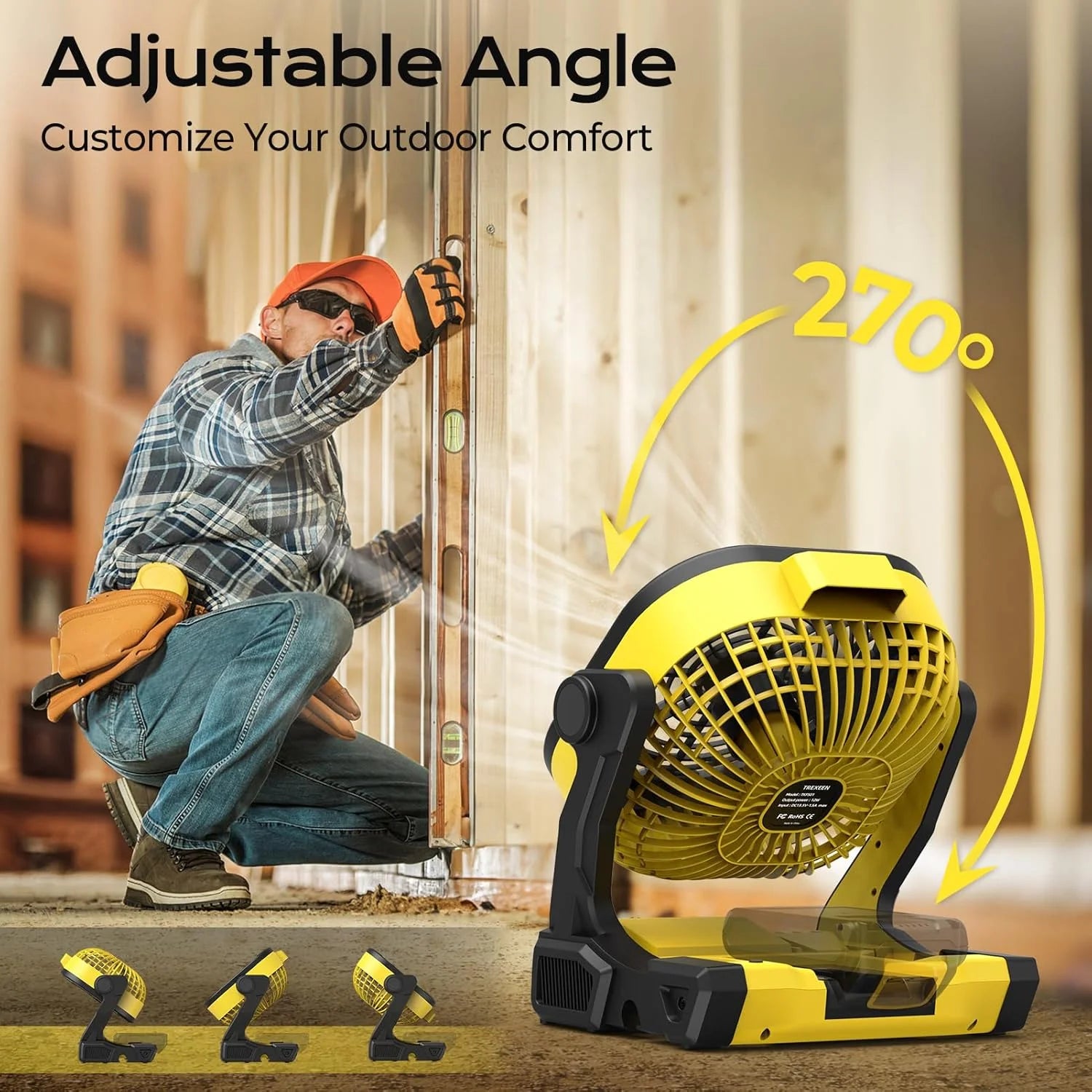 Battery Operated Fan for Dewalt 20V Max battery, Portable Fan with AC Adapter & LED Lights, 4 Speeds & Hook - Image 5