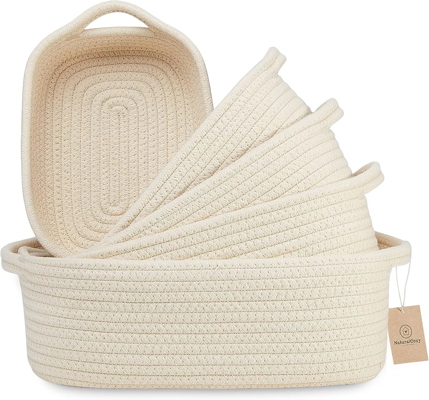 New Arrivals 5-Piece Rectangle Storage Basket Set- Natural Cotton Rope Woven for Organizing! Small Basket - Image 4