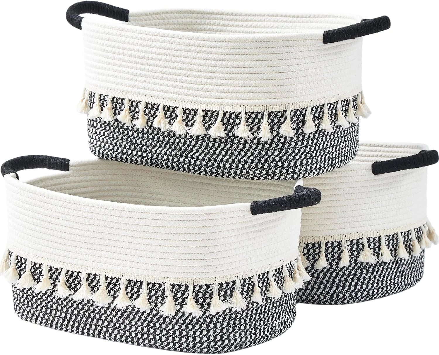 Basket, Woven Baskets for Shelves, White/Brown, 3 Pack Boho Cotton Rope Storage Baskets - Image 4