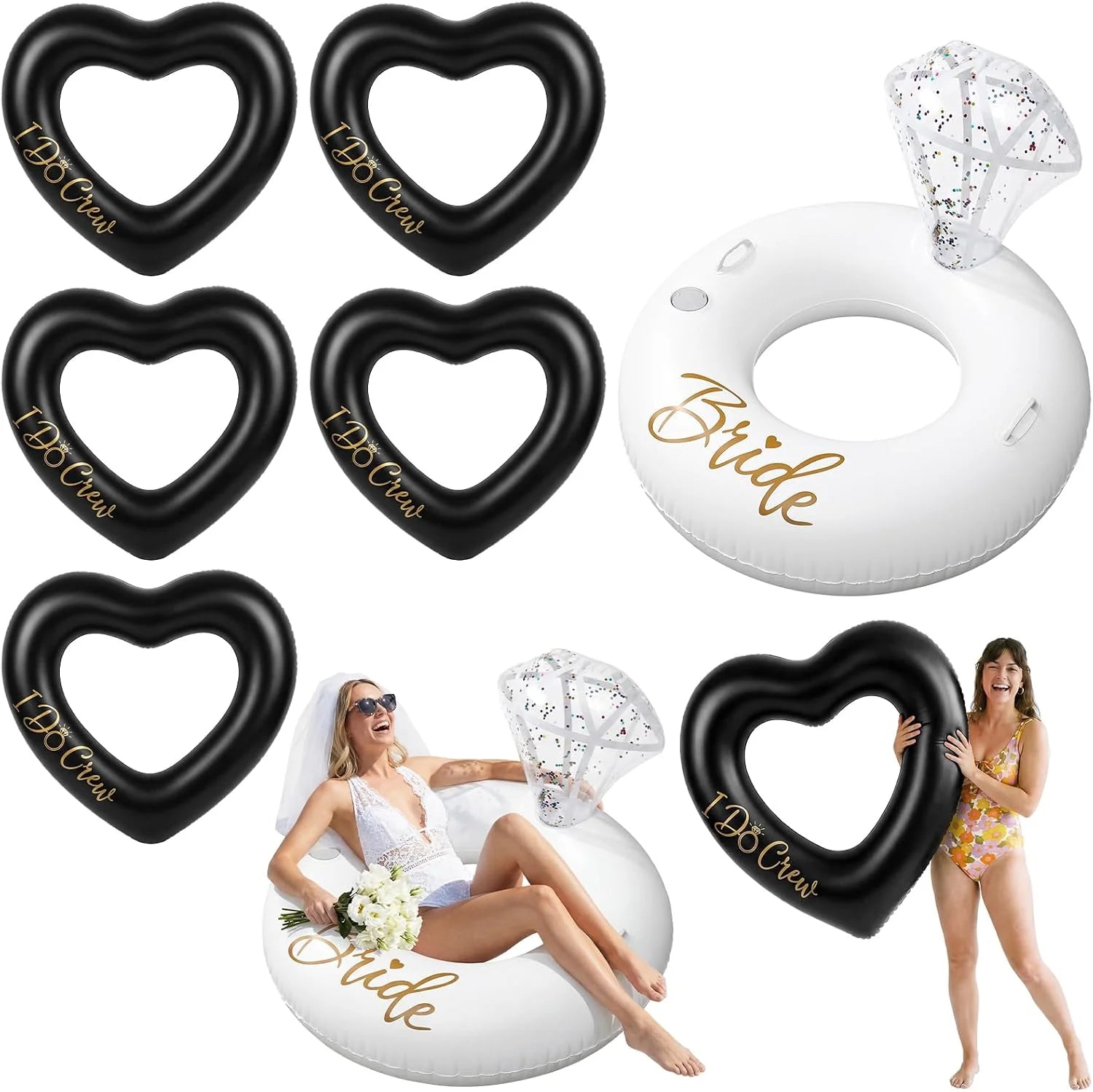 6 Pcs Bachelorette Pool Floats, 1 Diamond Ring & 5 Pink Heart Loungers, Inflatable Party Decorations for Bridal - Image 2