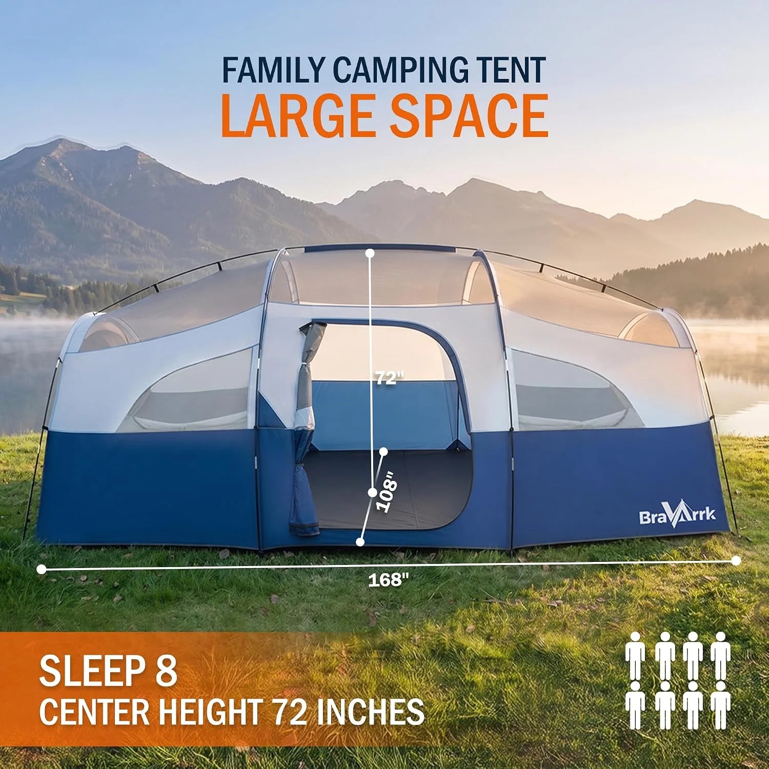 Camping Tent for 8 Person, PU3000MM Waterproof Family Tent with Rainfly, Large Roomy 3 Room Camping Tents - Image 2