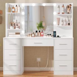 New Arrivals Large Vanity Desk with LED Lighted Mirror & Power Outlet, Makeup Vanity Table with 7 Drawers