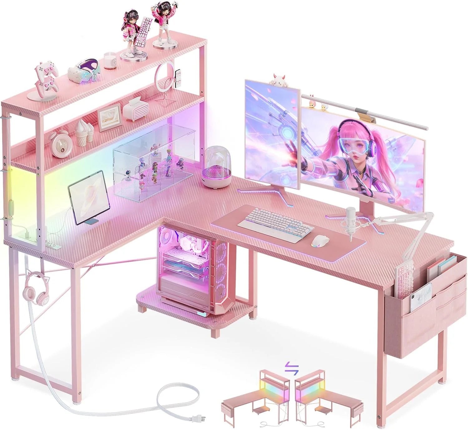 New Arrivals L Shaped Desk Gaming Desk with LED Light & Power Outlet, 53 Inch Black Reversible L Shaped Computer Table - Image 4
