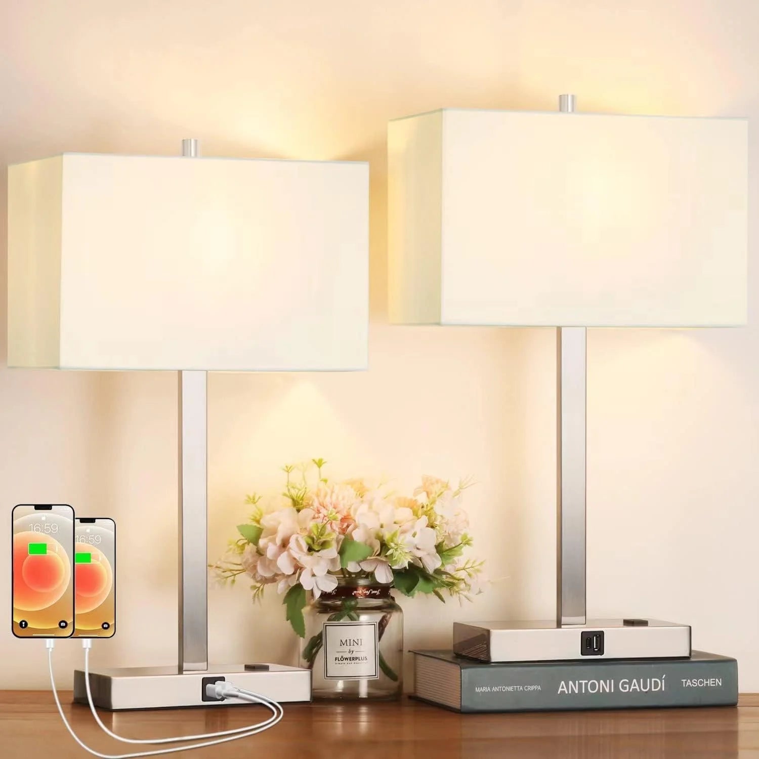 Touch Bedside lamps with 2 USB & AC Outlets, Dimmable, Bulb Included - Image 20