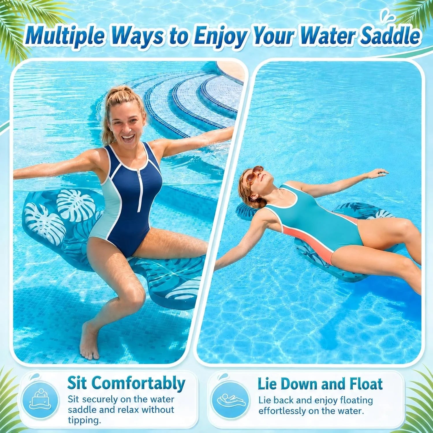 New Arrivals Pool Saddle Floats for Adults, Stable & Comfortable Non-Inflatable Foam Water Saddle with Tropical Leaf Pattern - Image 5