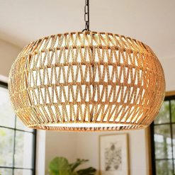 Jump 5-Lights Boho Rattan Chandelier for Dining Room, 19 Farmhouse Chandelier Light Fixtures with Fabric Shade