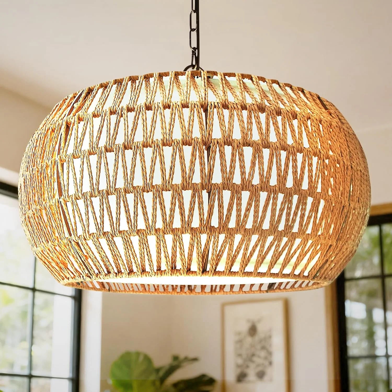 Jump 5-Lights Boho Rattan Chandelier for Dining Room, 19 Farmhouse Chandelier Light Fixtures with Fabric Shade