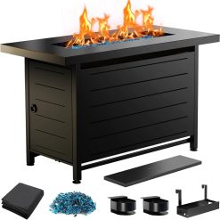 New Arrivals Large Propane Fire Pit 19 Inch, Gas Fire Pit with Grill Grate, Folding Legs, Hose Hooks