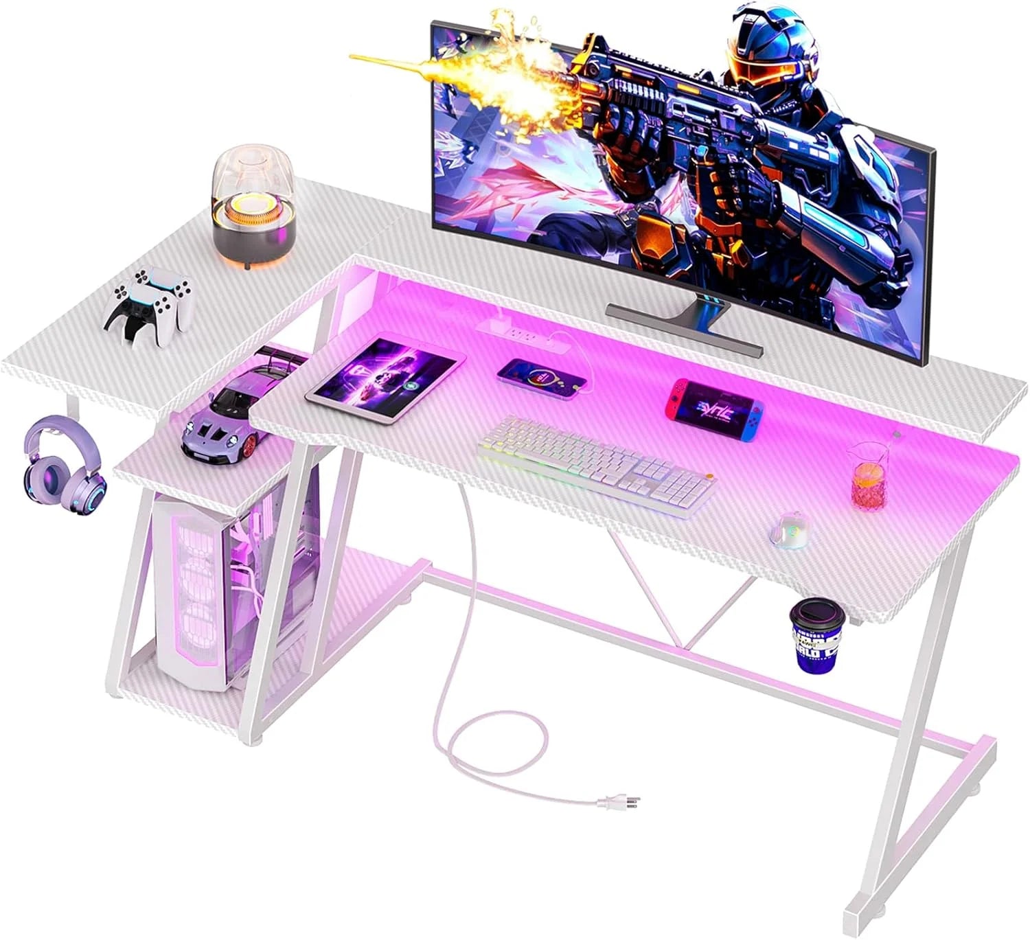 New Arrivals 40 Inch Gaming Desk with Power Outlet & LED Lights, L Shaped Computer Gaming Table with 3 Tiers Storage Shelves - Image 2