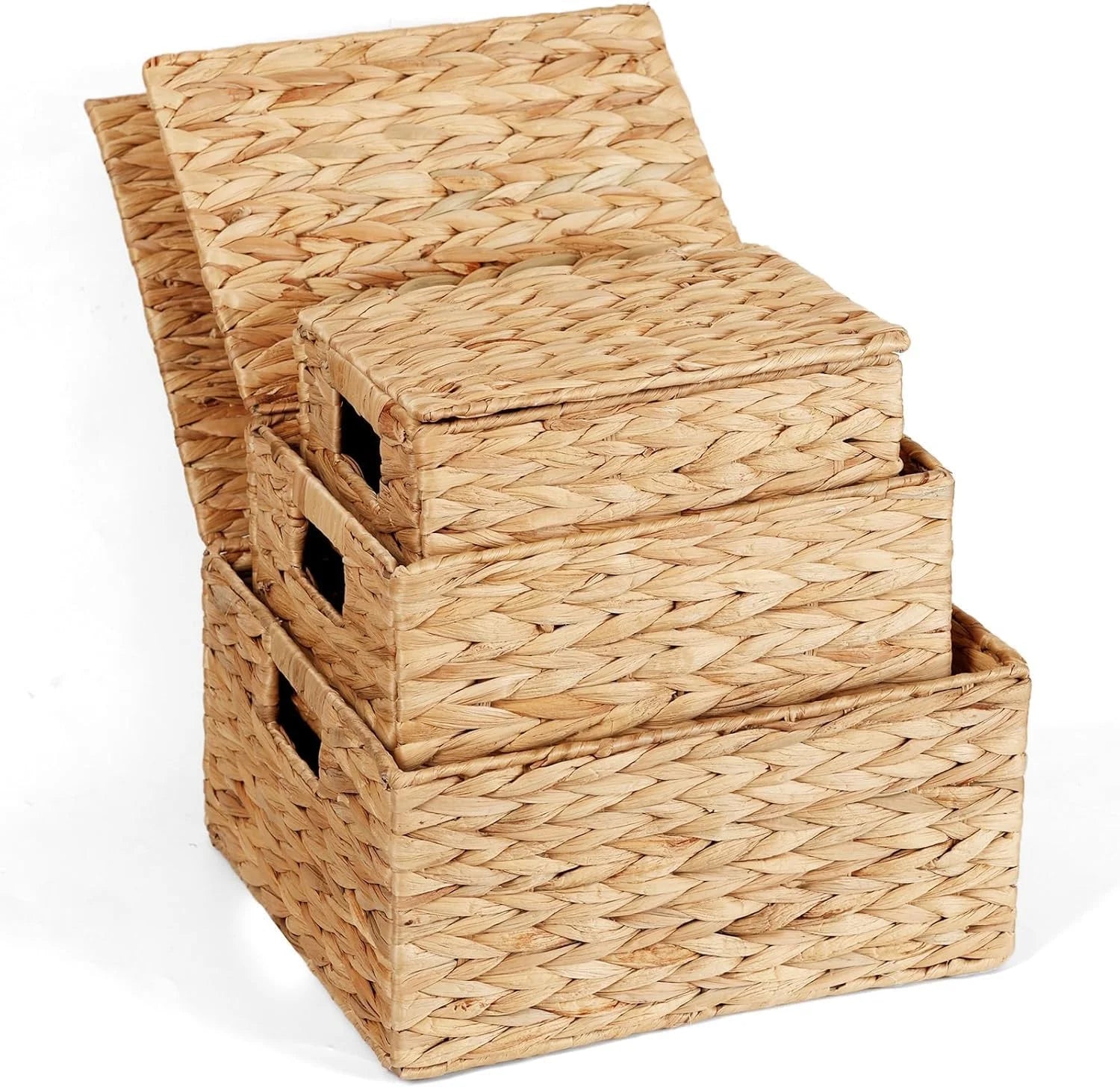 Storage Baskets for Organizing 3 Pack, Natural Water Hyacinth Ratten Baskets with Wooden Handles, Decorative