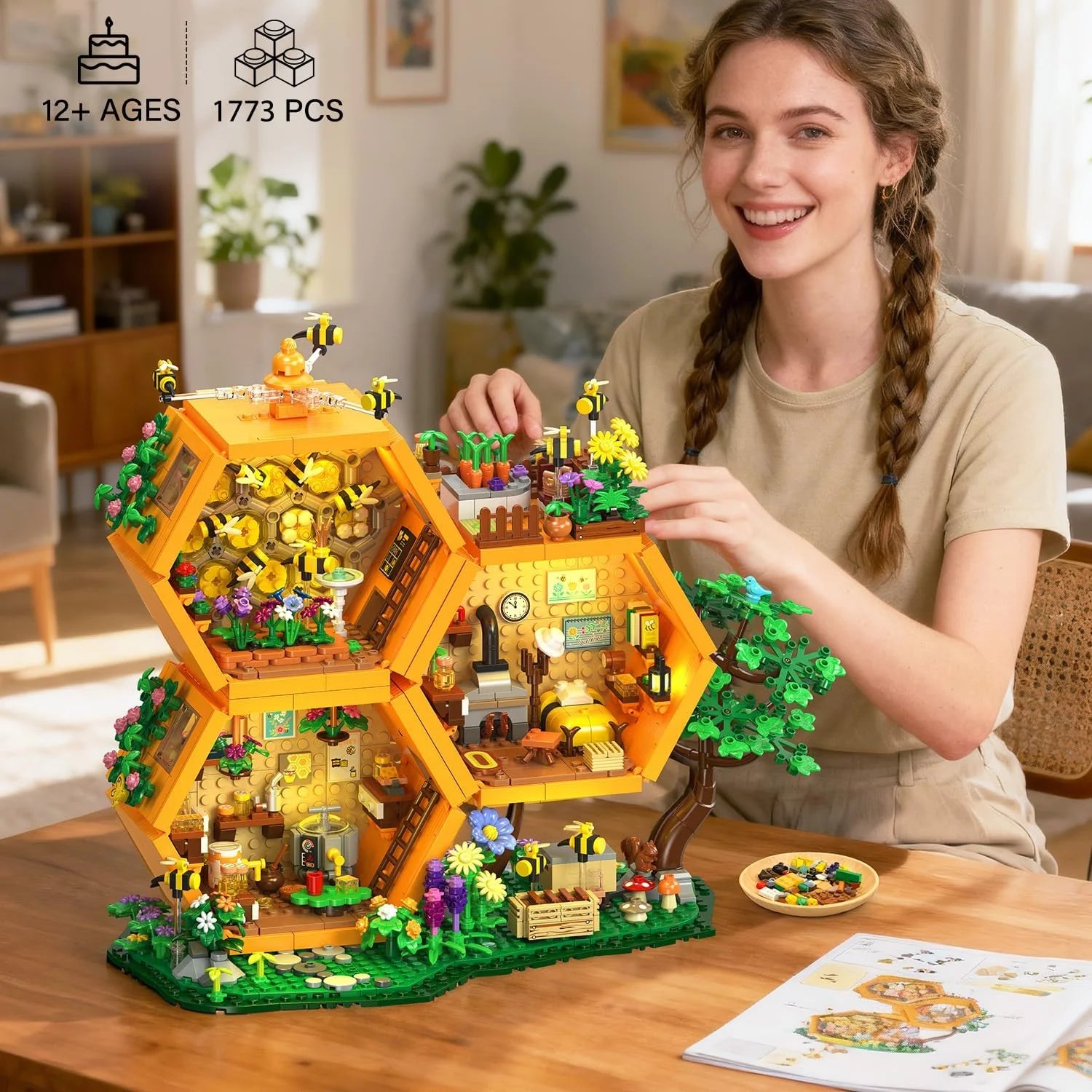 Bee Treehouse Building Set with Lights for Adults, Farm House Kit, Collectible Cabin Home Decor Gift for Boys - Image 3