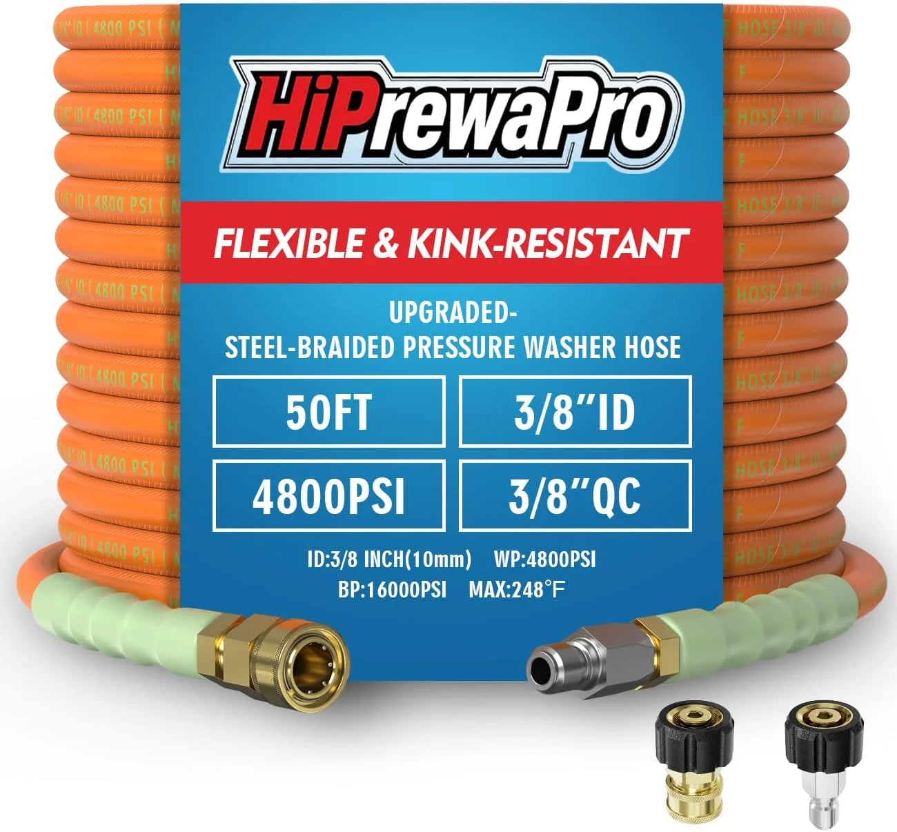 New Arrivals 3/8 ID Pressure Washer Hose 50 ft, 4800 PSI Steel-Braided & Durable, Power Washer Hose with Swivel Quick - Image 7