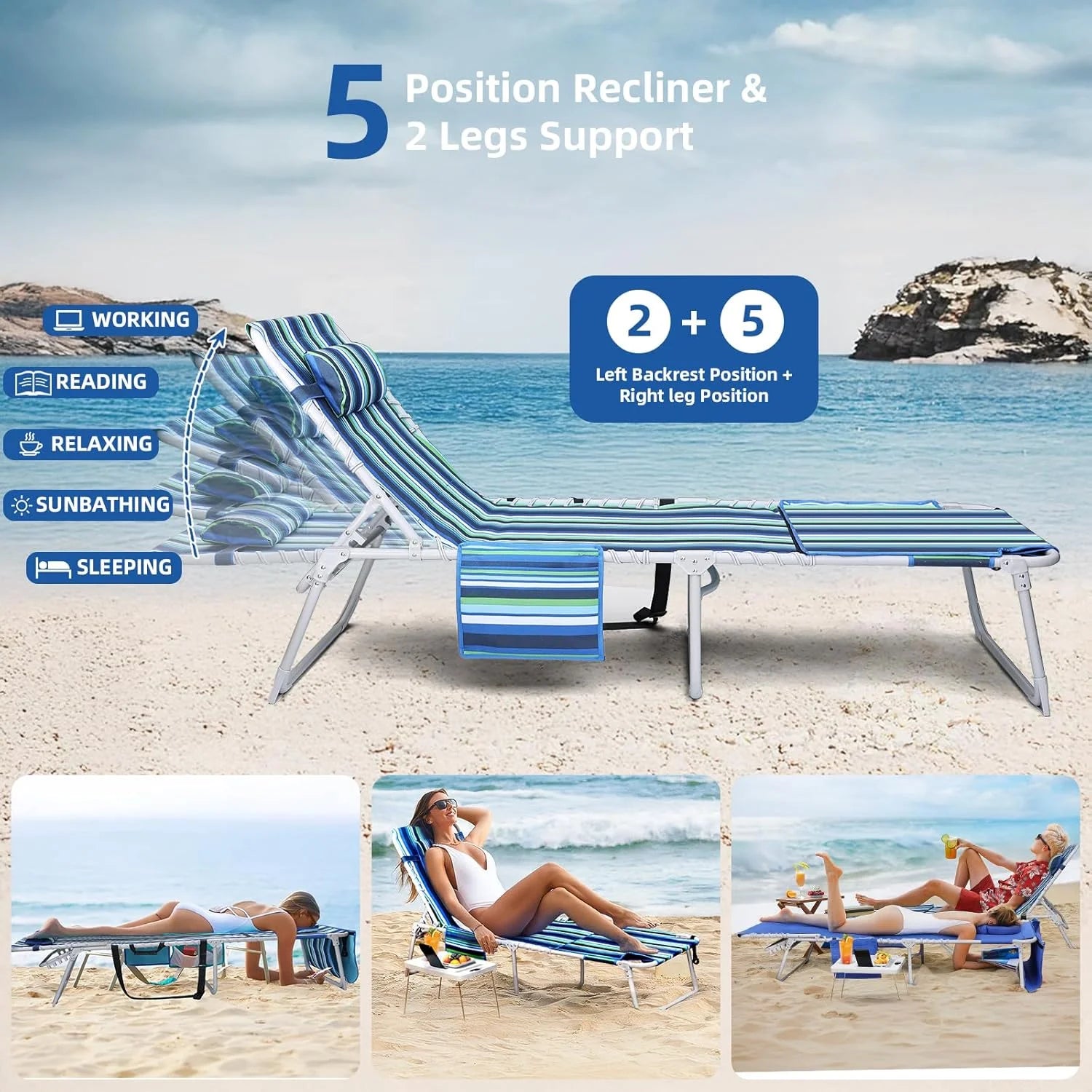 New Arrivals Beach Chair Face Holes, Lounge Chair Outdoor with Folding Side Table, 5-Position Recliner, Max 330lbs - Image 5