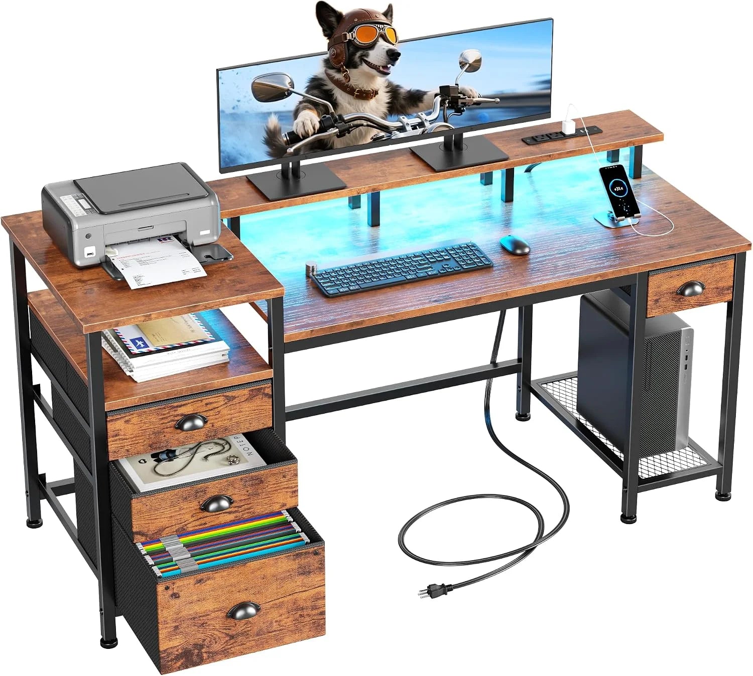 Furologee 60 Black Computer Desk with 4 Drawers and Printer Space, Gaming Desk with LED Lights and USB Power Outlets bifanuoyard - Image 2