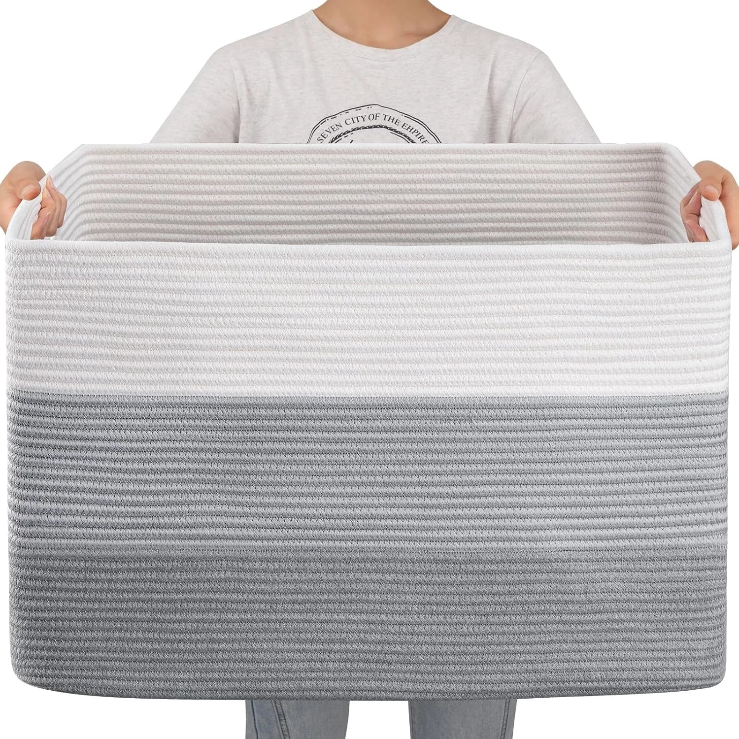 New Arrivals Blanket Basket, 25”x16”x16”(108L) Rectangle Woven Storage Baskets, Cotton Rope Basket For Living Room - Image 5