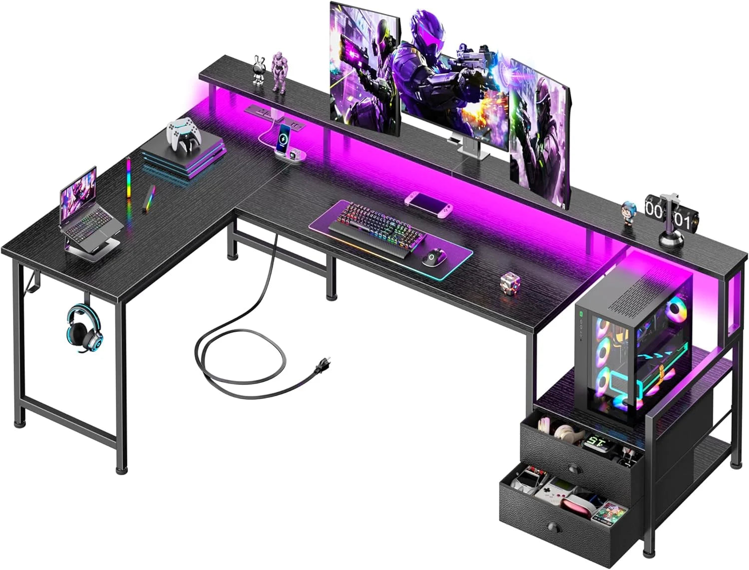 New Arrivals 66” L Shaped Gaming Desk with Drawers and Storage Shelves, Reversible Corner Desk with Power Outlets and Host - Image 2