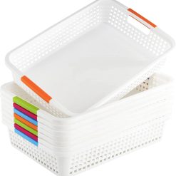 New Arrivals Large Plastic Storage Basket with Handle, 15 x 10 x 3 Inch Pantry Organizer Basket Bins Desktop Paper
