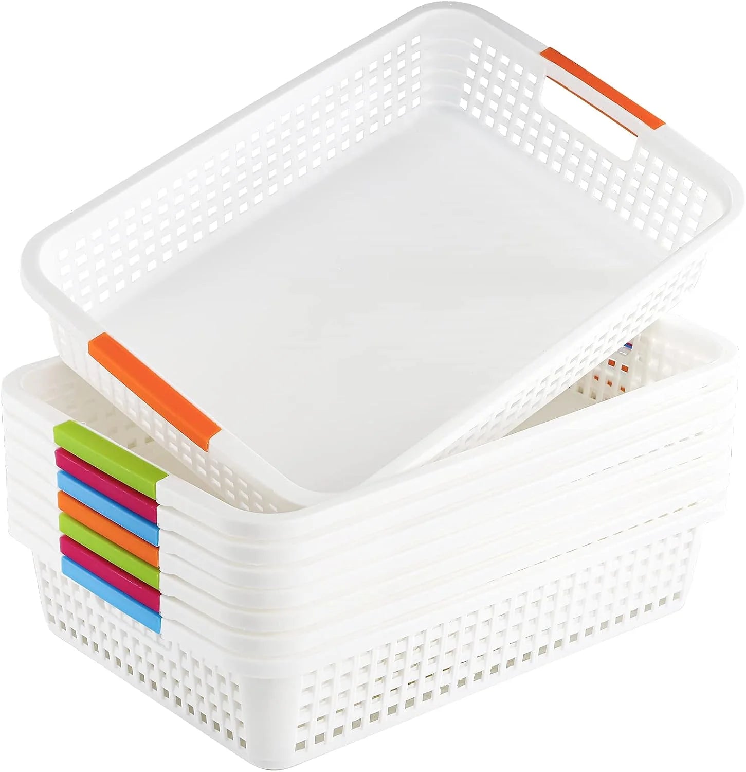 New Arrivals Large Plastic Storage Basket with Handle, 15 x 10 x 3 Inch Pantry Organizer Basket Bins Desktop Paper