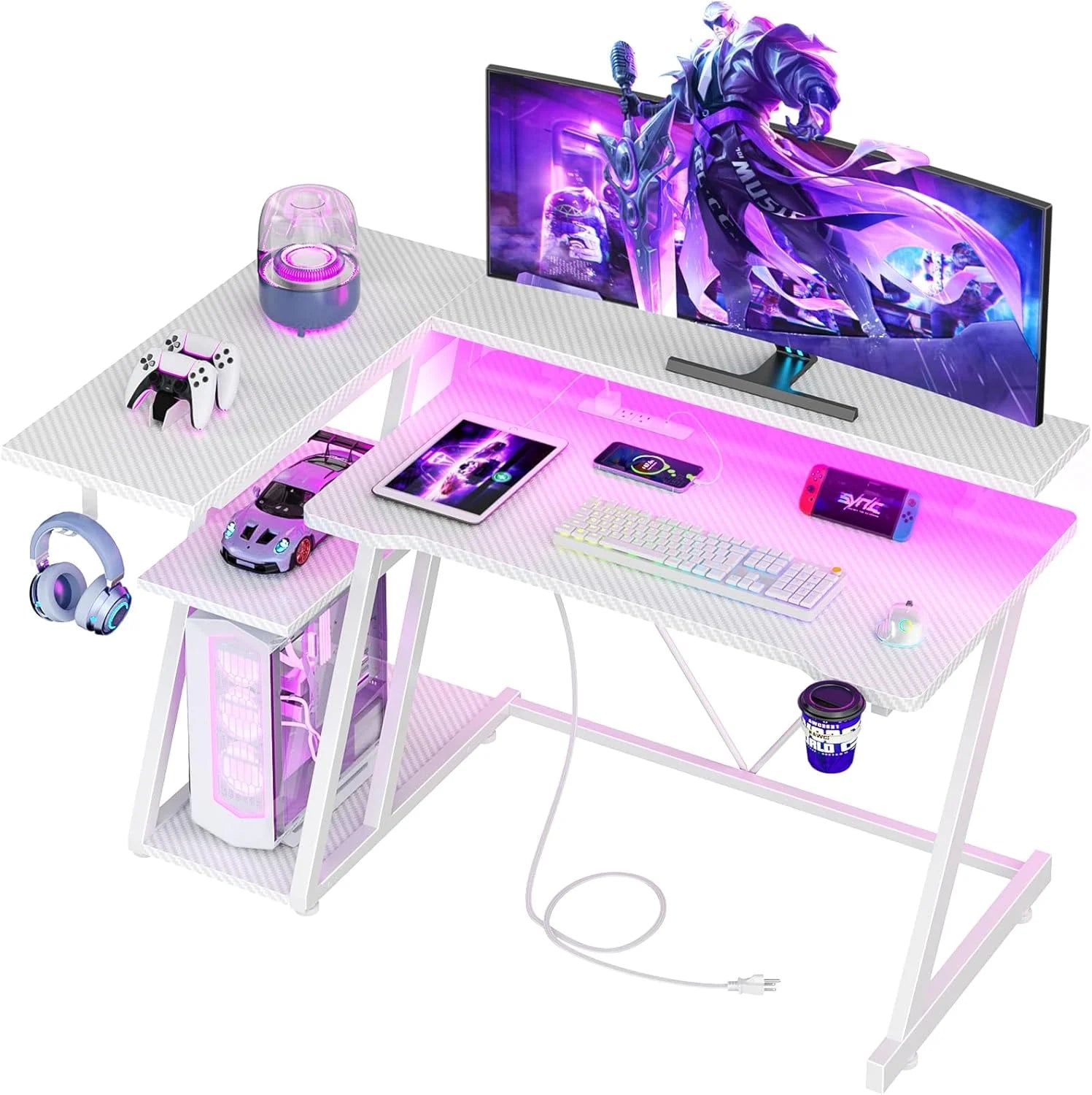 New Arrivals 40 Inch Gaming Desk with Power Outlet & LED Lights, L Shaped Computer Gaming Table with 3 Tiers Storage Shelves - Image 5