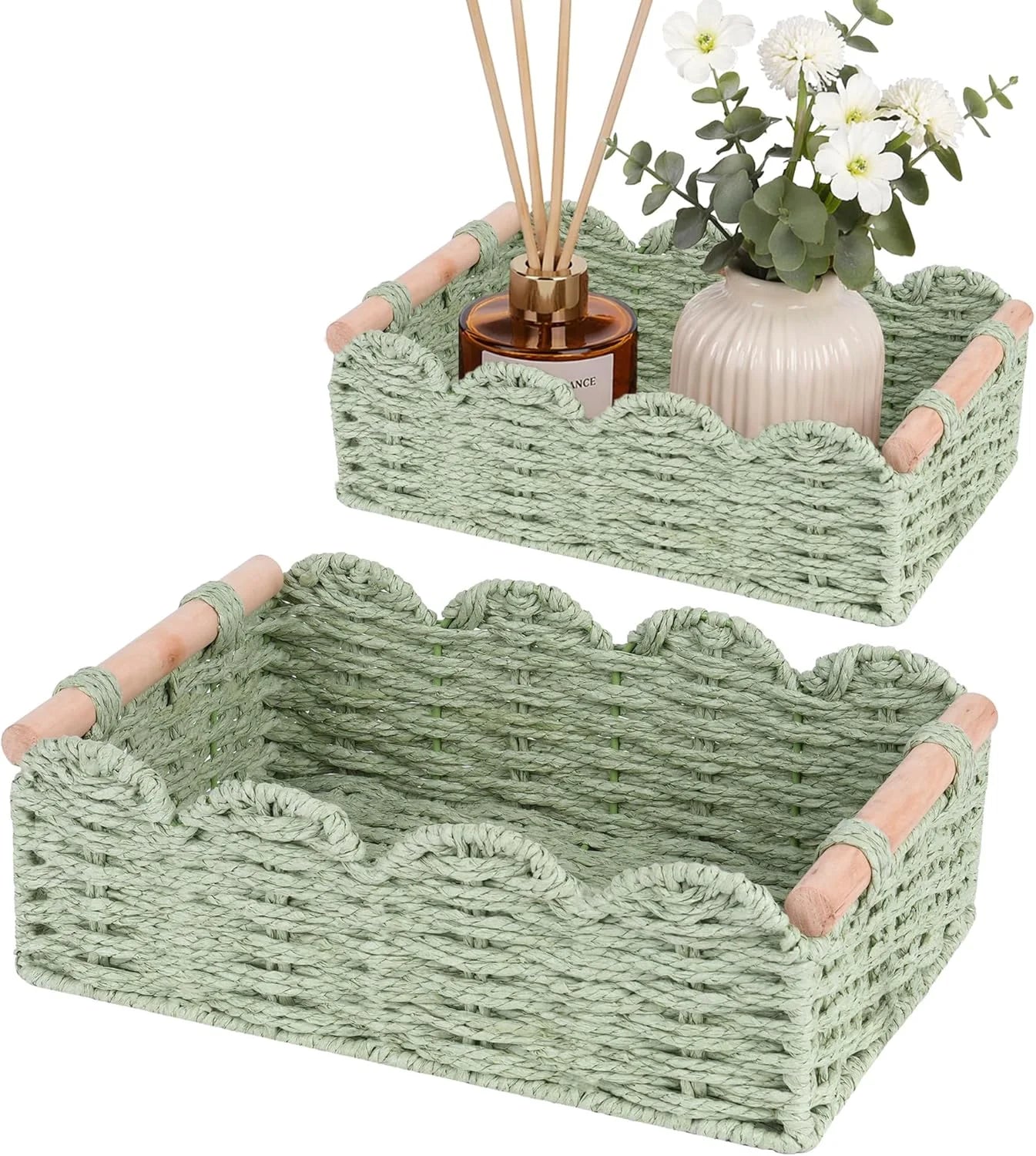 New Arrivals Storage Organizing Baskets, Set of 2 Scalloped Edge Wicker Basket with Wooden Handles Toilet Paper - Image 7