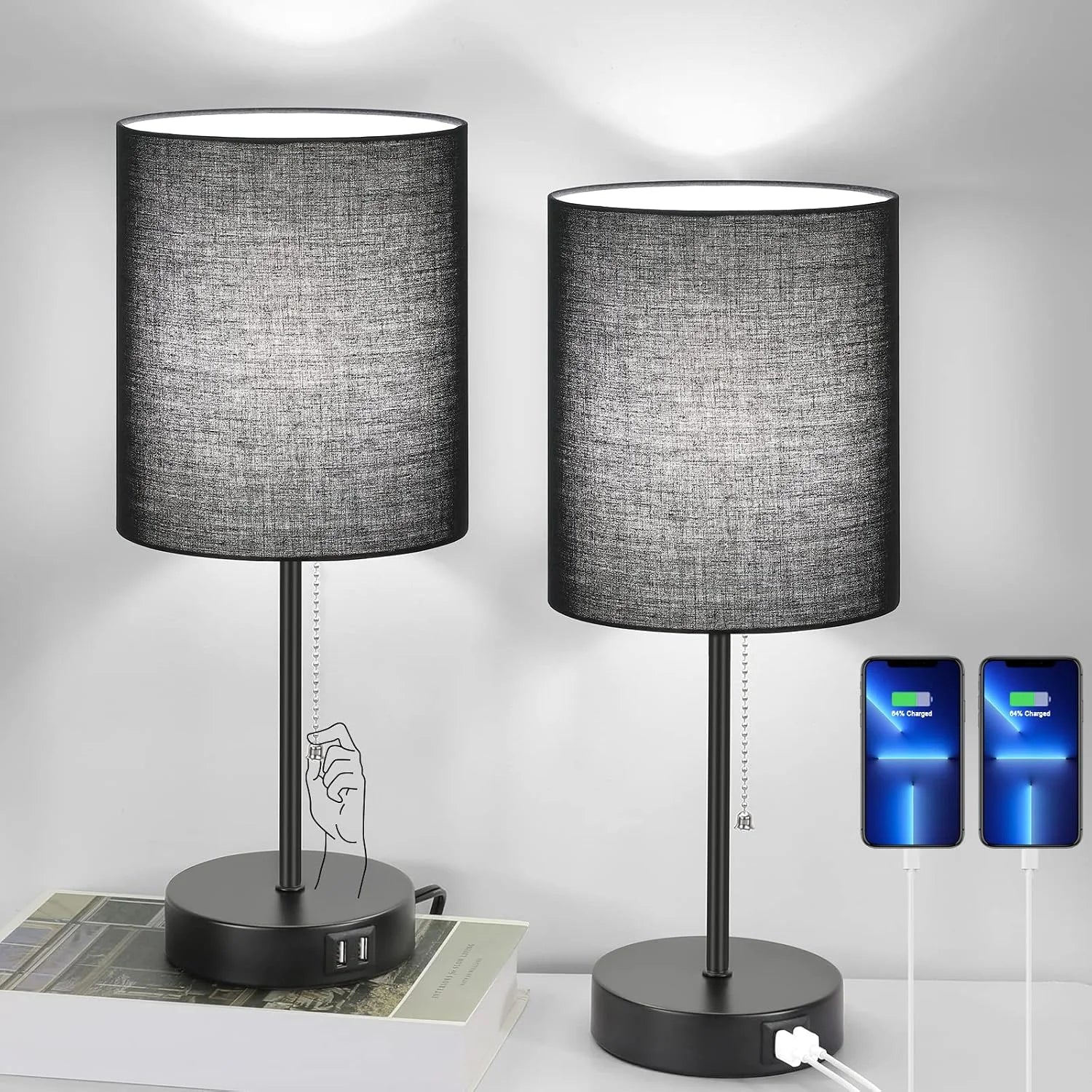 17.3" Table Lamps Set of 2 with 2 USB & AC Outlet, Pull Chain bifanuoyard - Image 3
