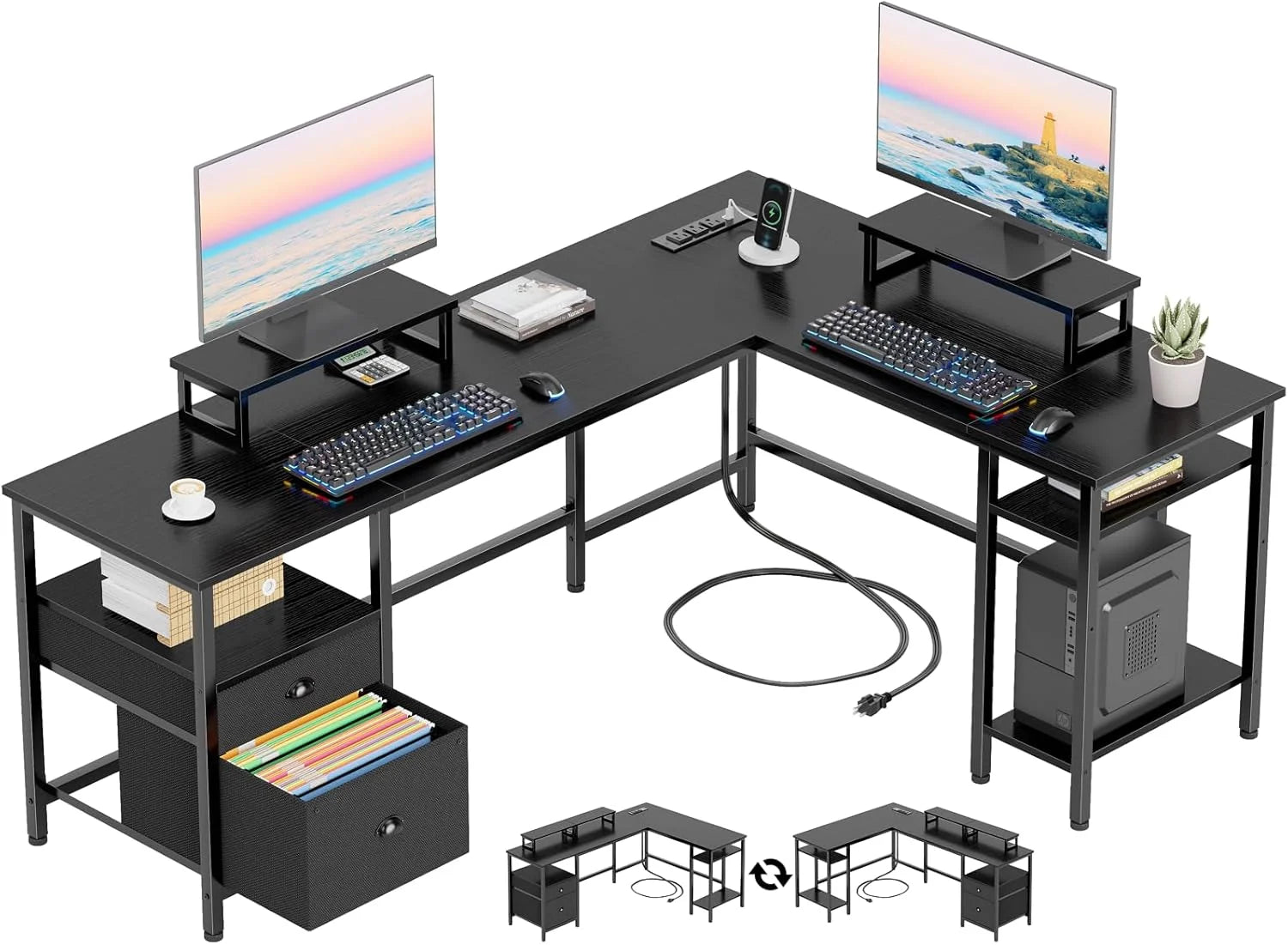 Furologee 66" L Shaped Desk with Power Outlet, Reversible Home Office Desk with File Drawer, 2 Monitor Stands bifanuoyard - Image 3