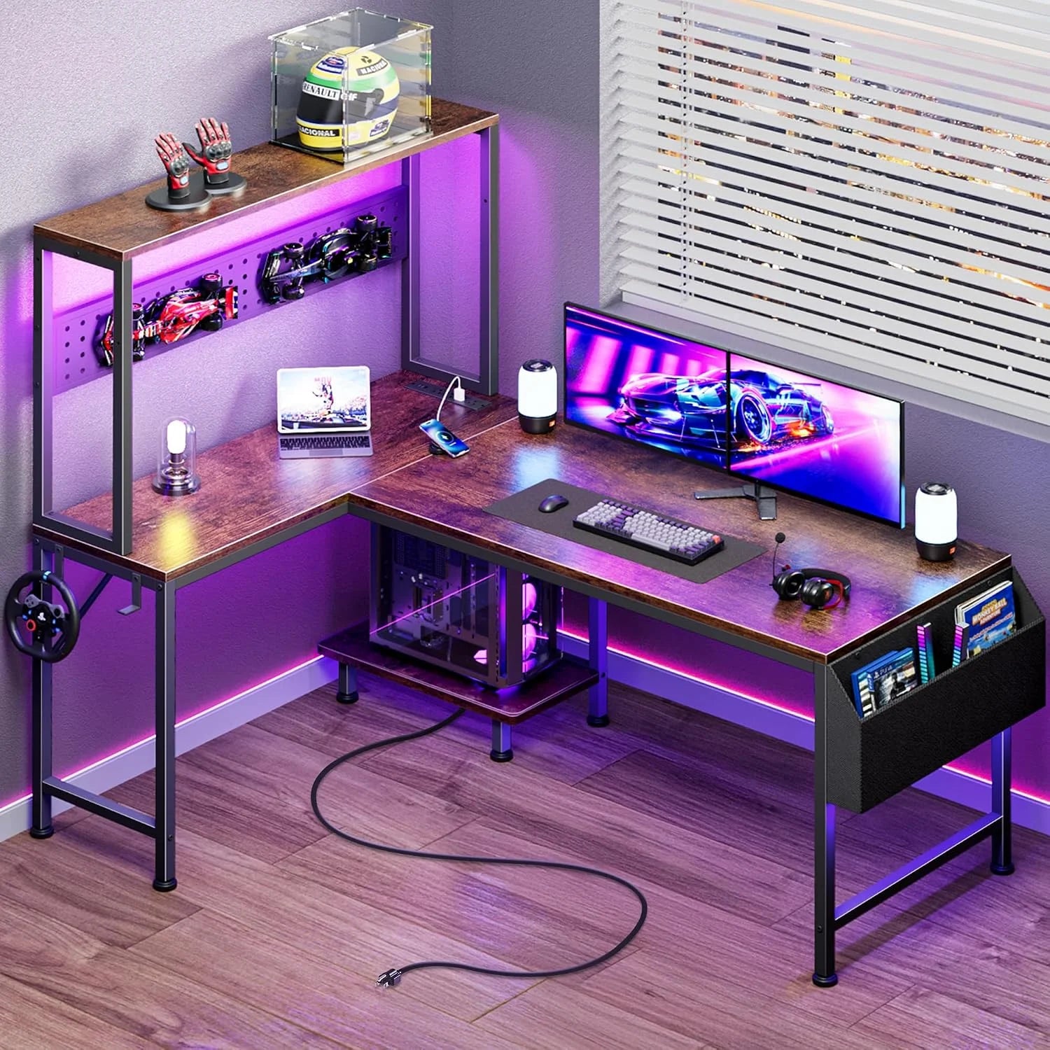 New Arrivals L Shaped Gaming Desk with LED Lights & Power Outlets, Reversible Computer Desk with Storage Shelves & Bag - Image 4