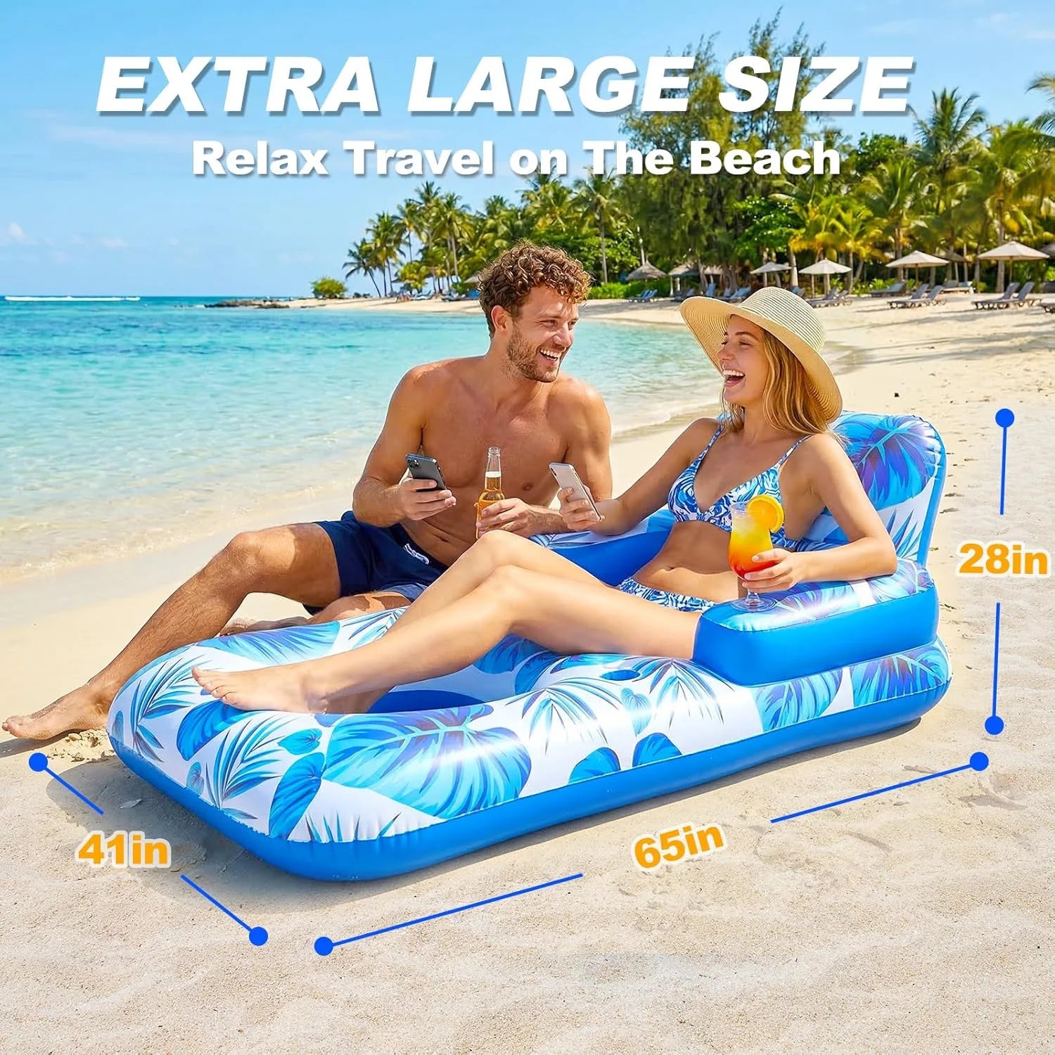 New Arrivals Pool Floats Adult, 65 Thicken PVC Inflatable Pool Float Lounger Rafts with Cup & Phone Holder & Headrest - Image 3