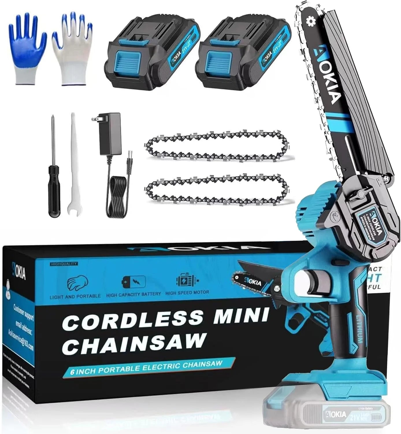 Mini Chainsaw, 20V Cordless 6 Inch, 2x1.5Ah Batteries, Handheld Saw, Blue - Image 2