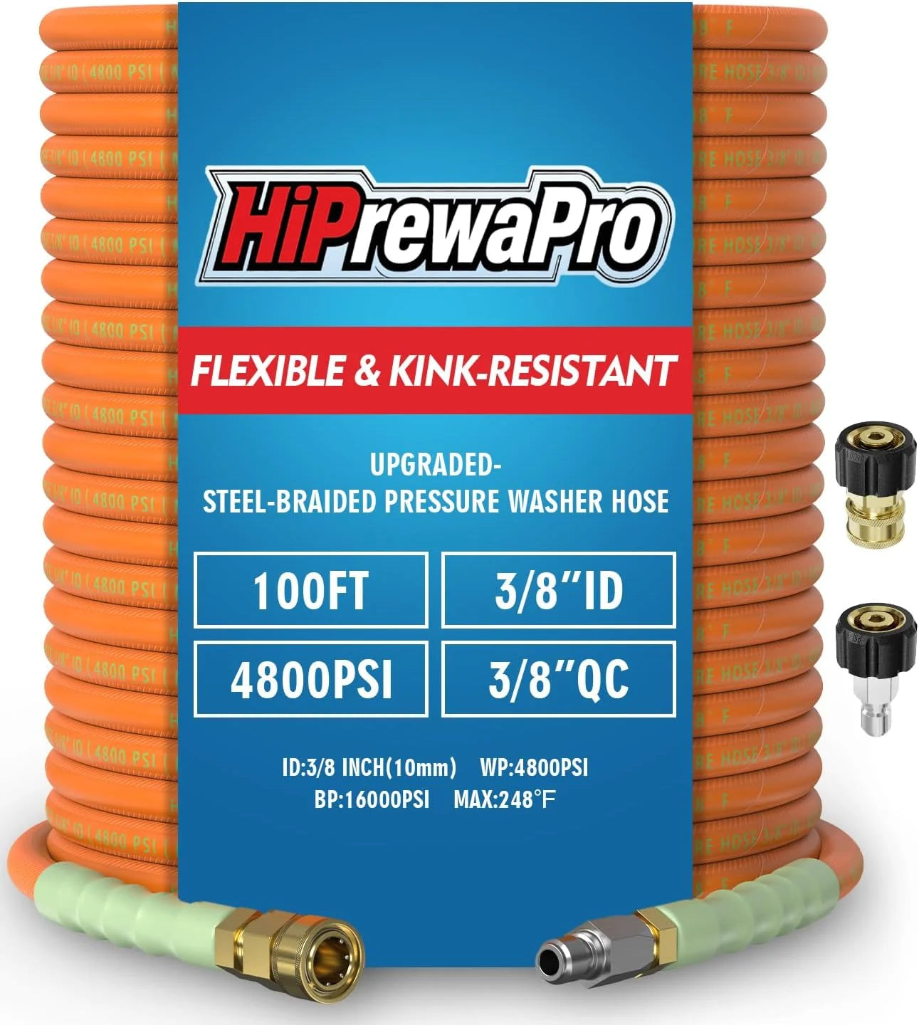 New Arrivals 3/8 ID Pressure Washer Hose 50 ft, 4800 PSI Steel-Braided & Durable, Power Washer Hose with Swivel Quick - Image 9