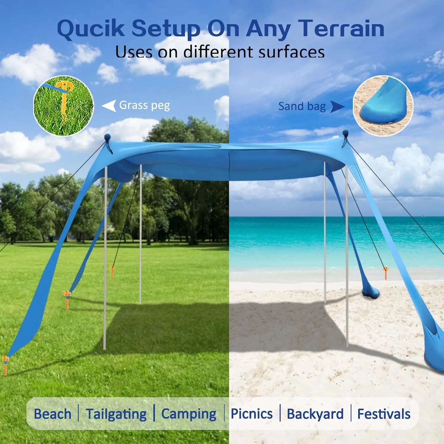 New Arrivals Beach Canopy Beach Tent UPF50+ 11×11 FT Easy to Setup Extra Windproof Rope Sun Shelter Beach Shade Canopy with 4 - Image 2