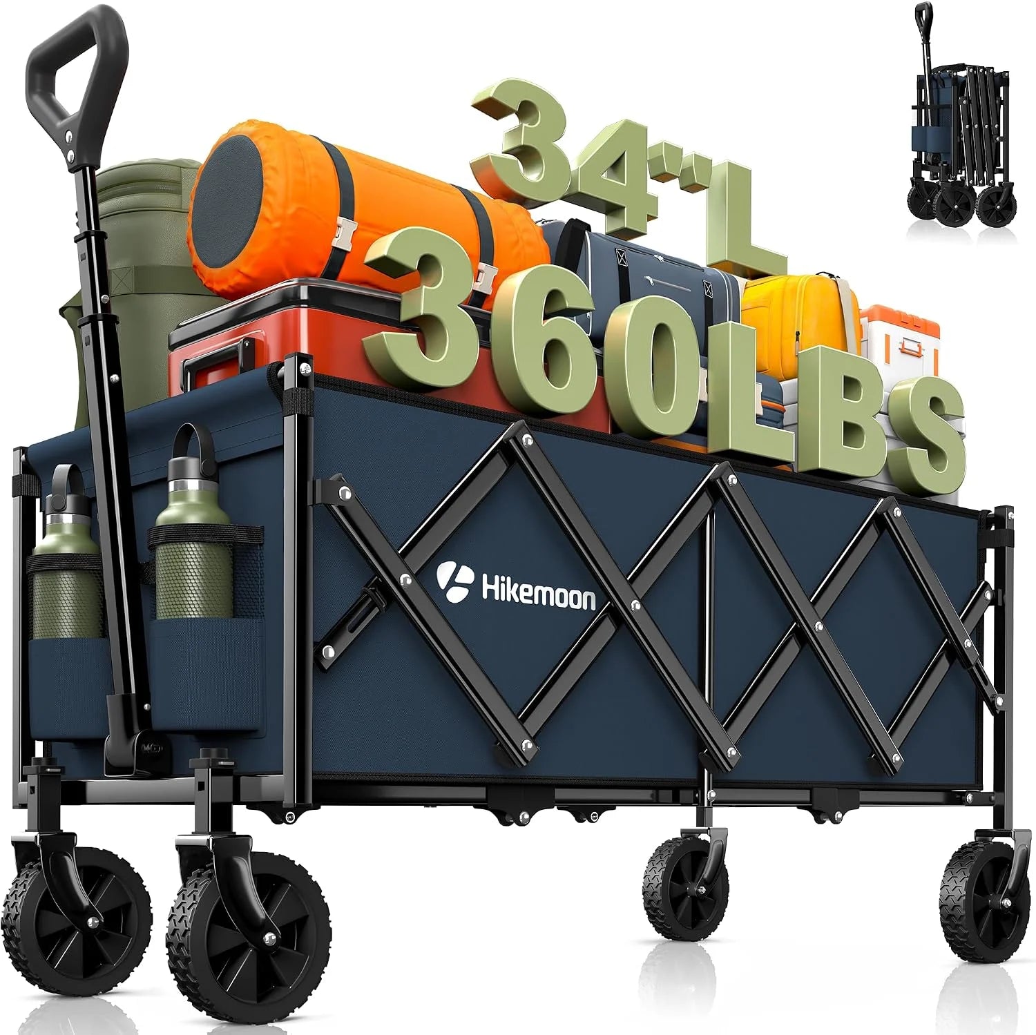 New Arrivals 34” Extra Long Folding Portable Wagon Cart, 120L 360LBS Black, Heavy Duty - Image 2