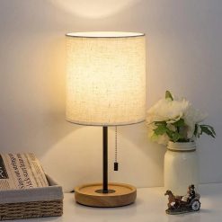 New Arrivals Bedside Table Lamp, Modern Nightstand Lamp with Linen Fabric Shade Wooden Desk Lamps for Bedrooms