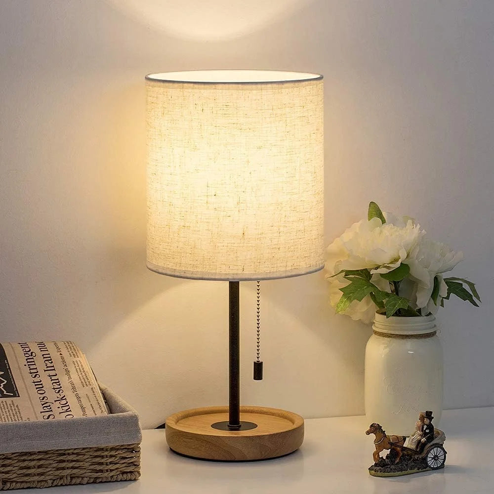 New Arrivals Bedside Table Lamp, Modern Nightstand Lamp with Linen Fabric Shade Wooden Desk Lamps for Bedrooms