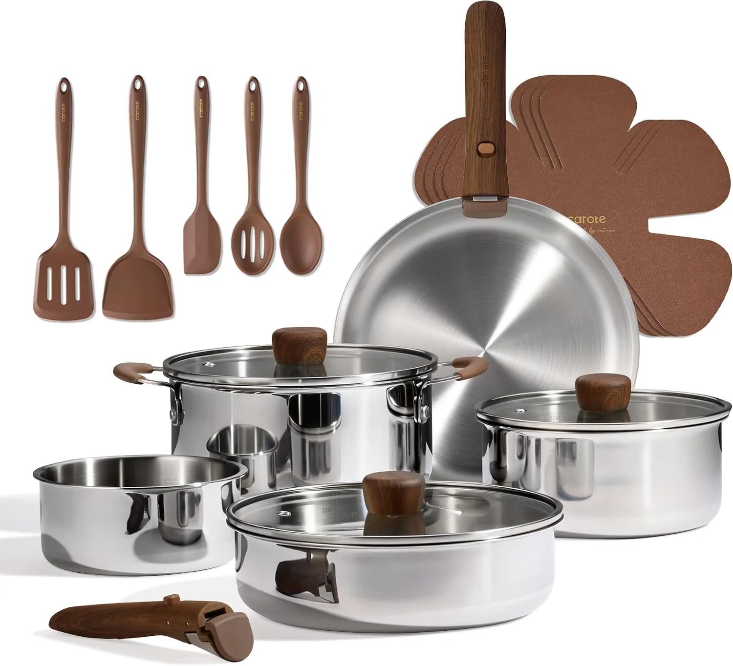 New Arrivals 19pcs Stainless Steel Cookware Set with Detachable Handle, Pots and Pans Set